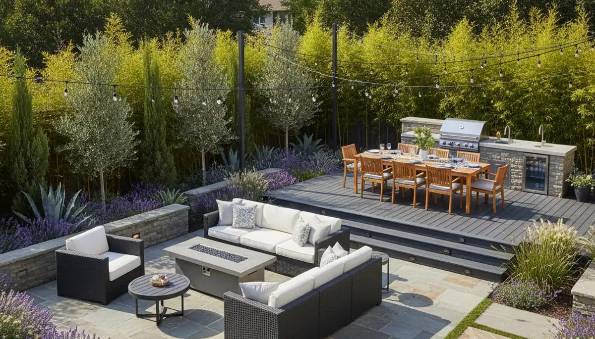 Backyard patio landscape design with lighting and privacy plants in San Jose, CA by Chop Chop Landscaping