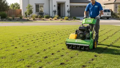 Core aerator machine performing lawn aeration on residential yard in San Jose, CA