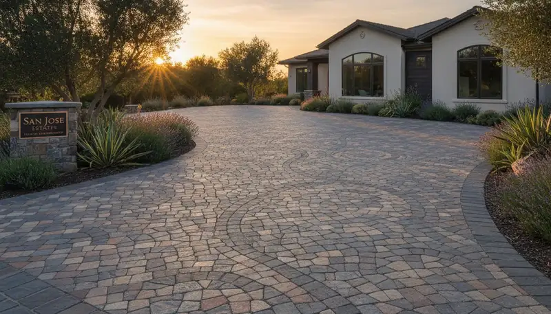 Curved paver driveway design with custom masonry by professional landscapers in San Jose, CA