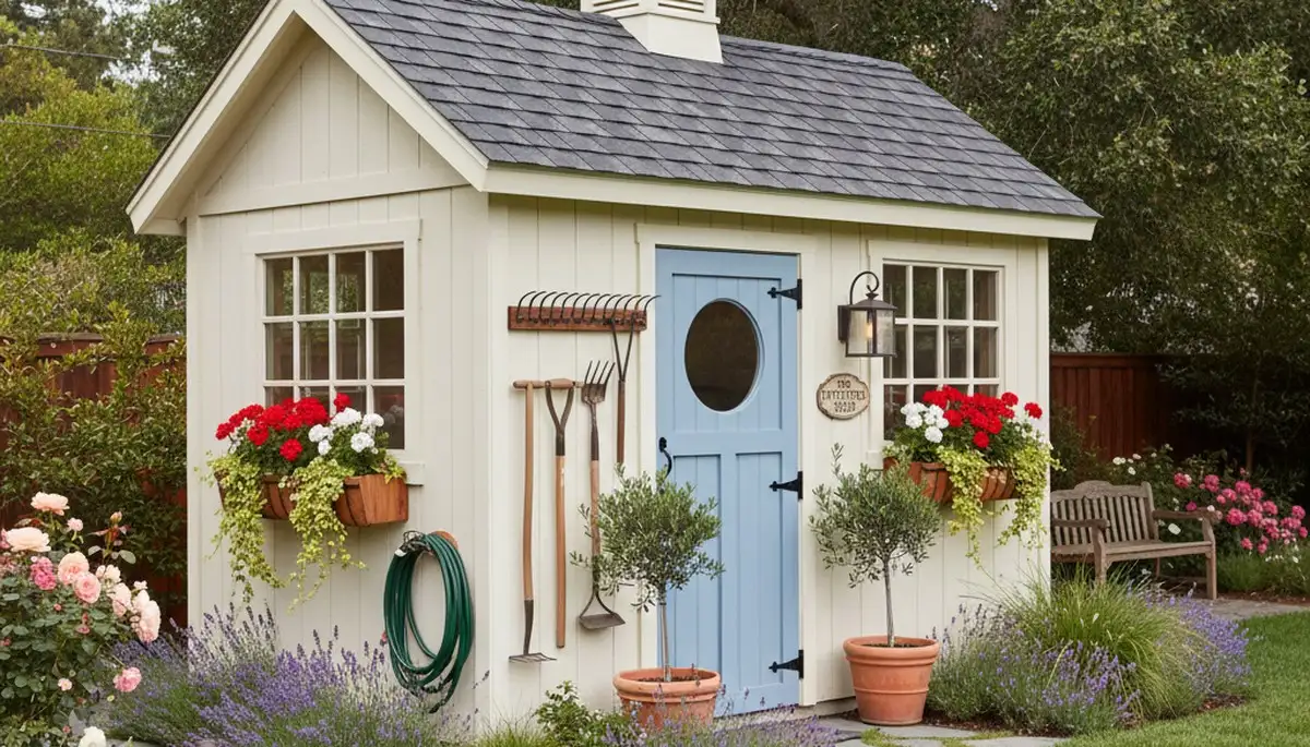 Decorative garden shed installation in San Jose, CA with custom landscaping and charming design details