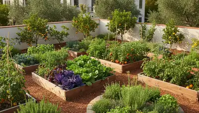 Organic edible landscape with vegetable beds and herbs at San Jose CA home by Chop Chop Landscaping