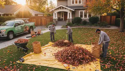 Technicians performing fall leaf removal and yard cleanup at a residential property in San Jose, CA