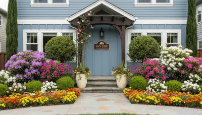 Front yard curb appeal landscaping with colorful plants and shrubs in San Jose, CA