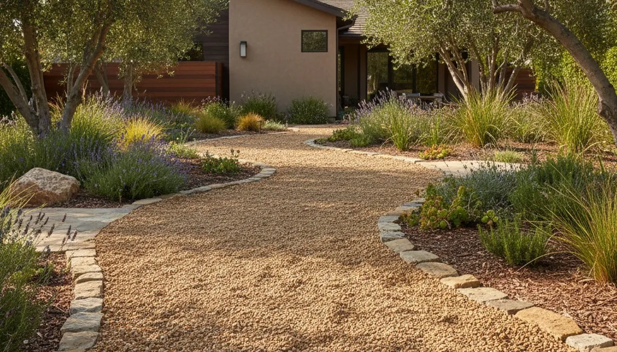 Pea gravel garden path design in San Jose, CA showcasing low-maintenance landscaping and natural drainage