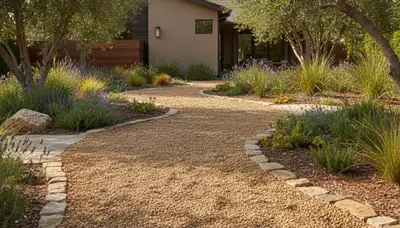 Pea gravel garden path design in San Jose, CA showcasing low-maintenance landscaping and natural drainage