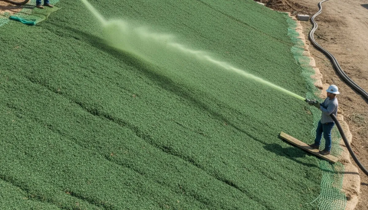 Professional hydroseeding on hillside slope for erosion control in San Jose, CA landscaping project