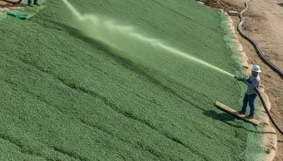 Professional hydroseeding on hillside slope for erosion control in San Jose, CA landscaping project