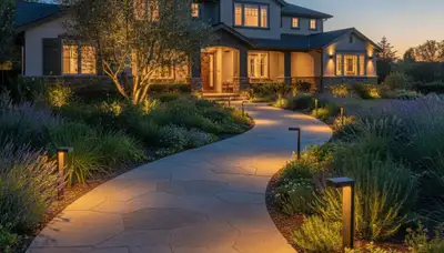 Evening walkway lighting design by Chop Chop Landscaping in San Jose, CA for safe, elegant outdoor paths