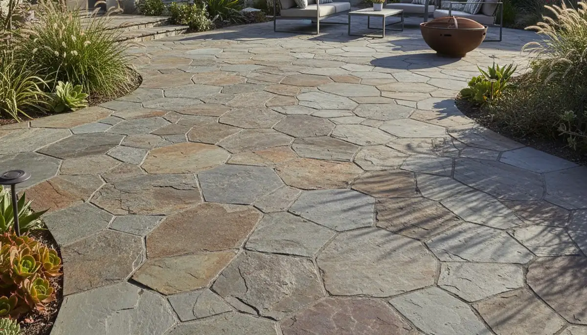 Modern large format stone patio installation by professional landscapers in San Jose, CA