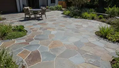 Natural flagstone patio with slate pavers installed by professional landscapers in San Jose, CA