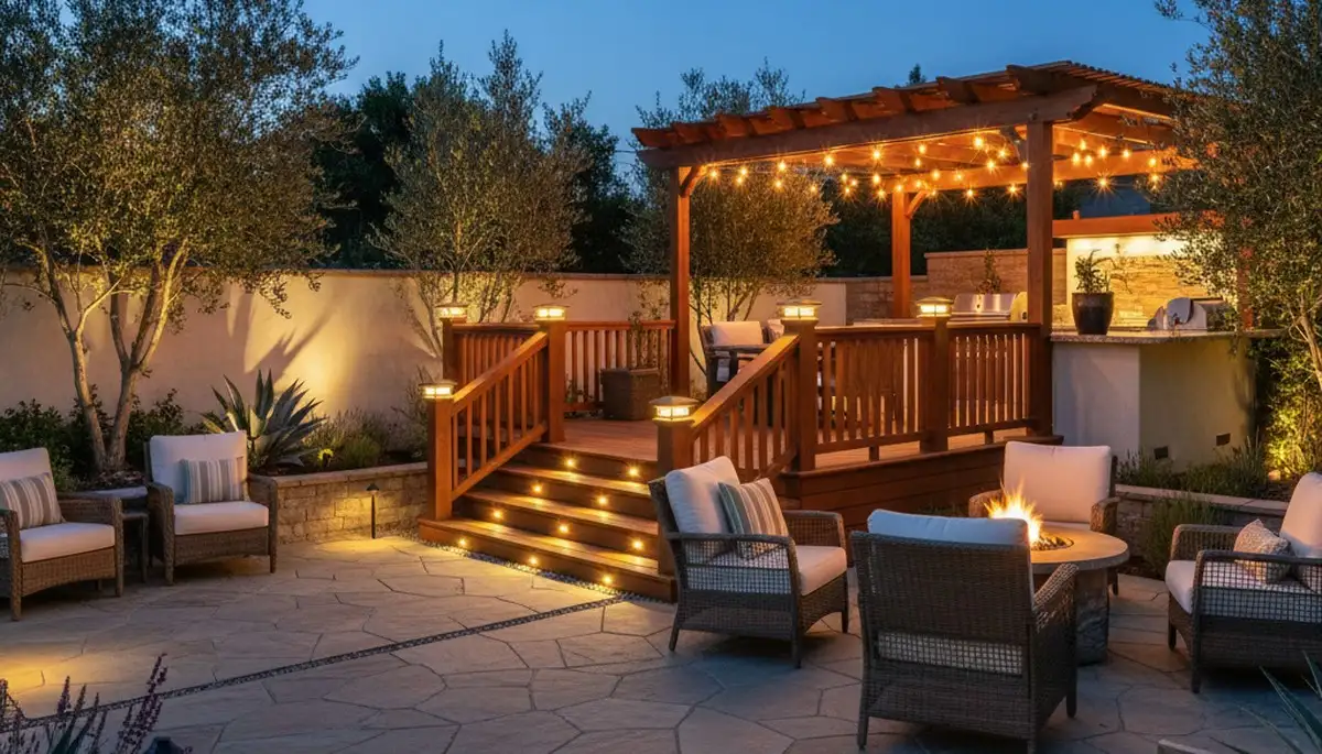 Evening deck and patio lighting design by Chop Chop Landscaping in San Jose, CA enhances outdoor living spaces