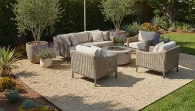 Pea gravel patio installation with furniture and defined edging in San Jose, CA by Chop Chop Landscaping