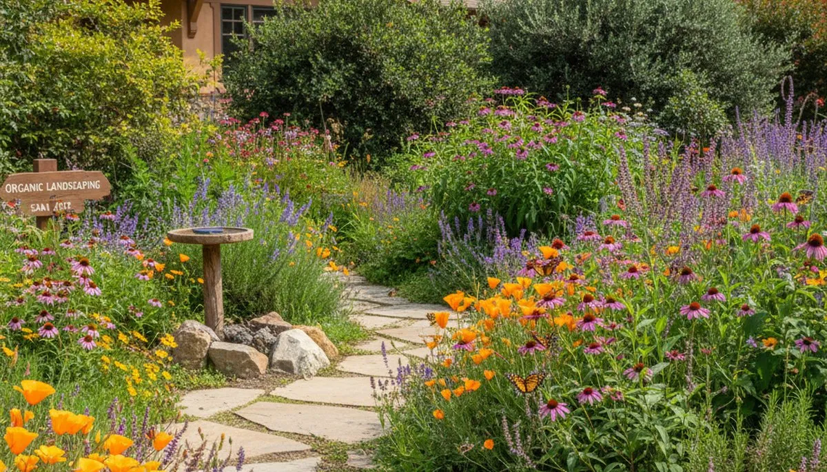 Vibrant native pollinator garden with bee-friendly flowers by organic landscapers in San Jose, CA