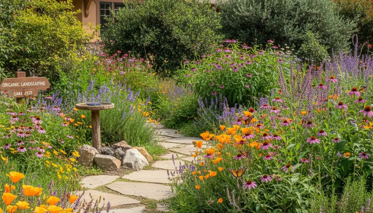 Vibrant native pollinator garden with bee-friendly flowers by organic landscapers in San Jose, CA