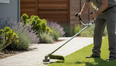 Technician trimming precise lawn edges with string trimmer in San Jose, CA for expert lawn maintenance