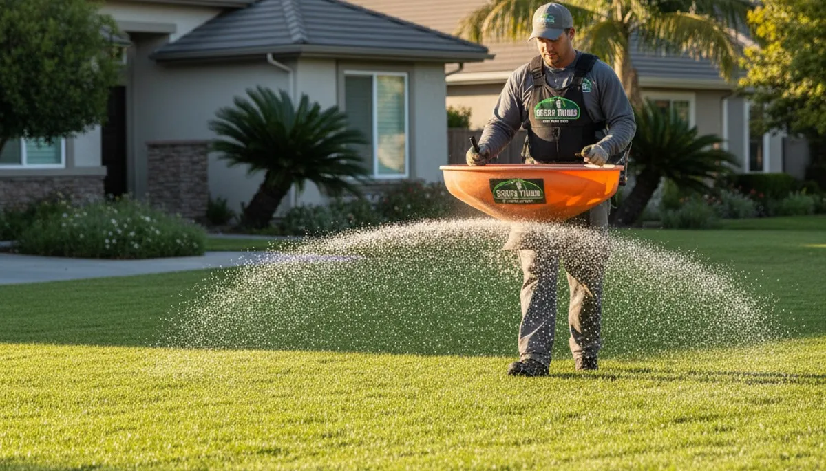 Lawn care technician spreading fertilizer evenly on residential turf in San Jose, CA