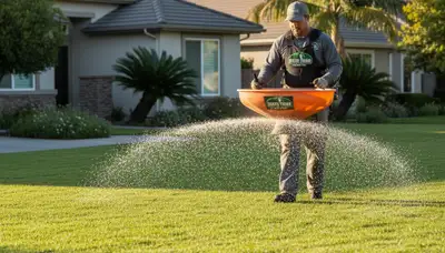 Lawn care technician spreading fertilizer evenly on residential turf in San Jose, CA