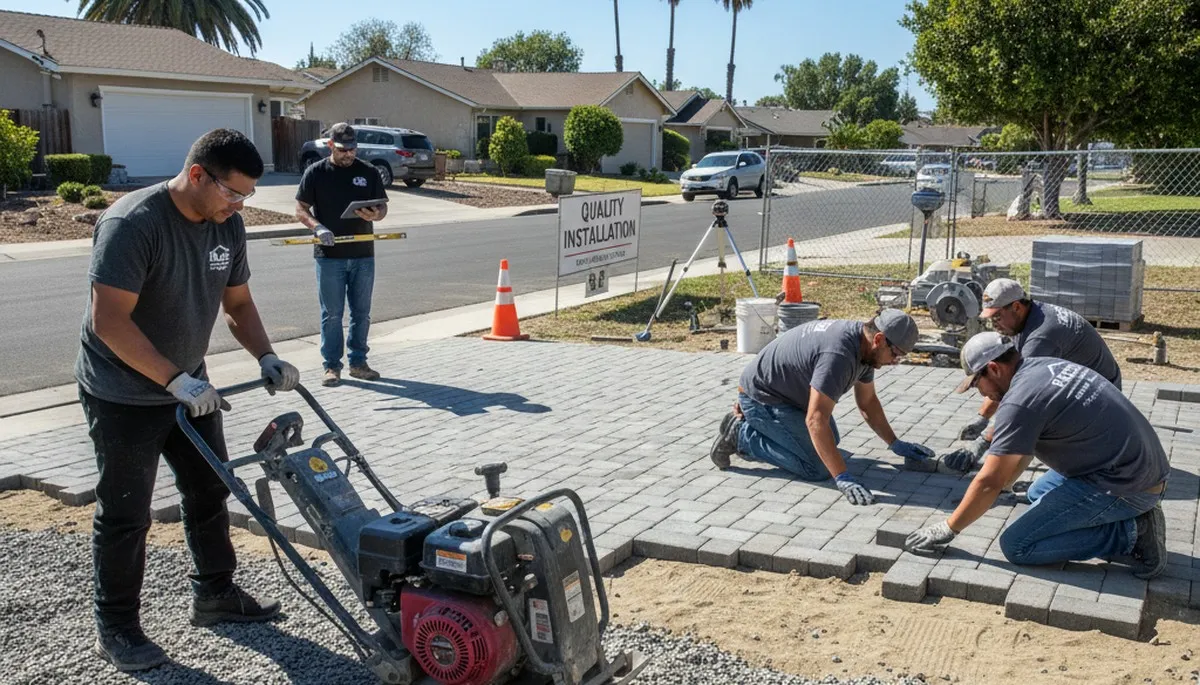 Professional crew installing driveway pavers in San Jose, CA during base prep and leveling process