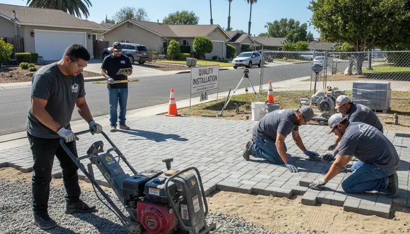 Professional crew installing driveway pavers in San Jose, CA during base prep and leveling process