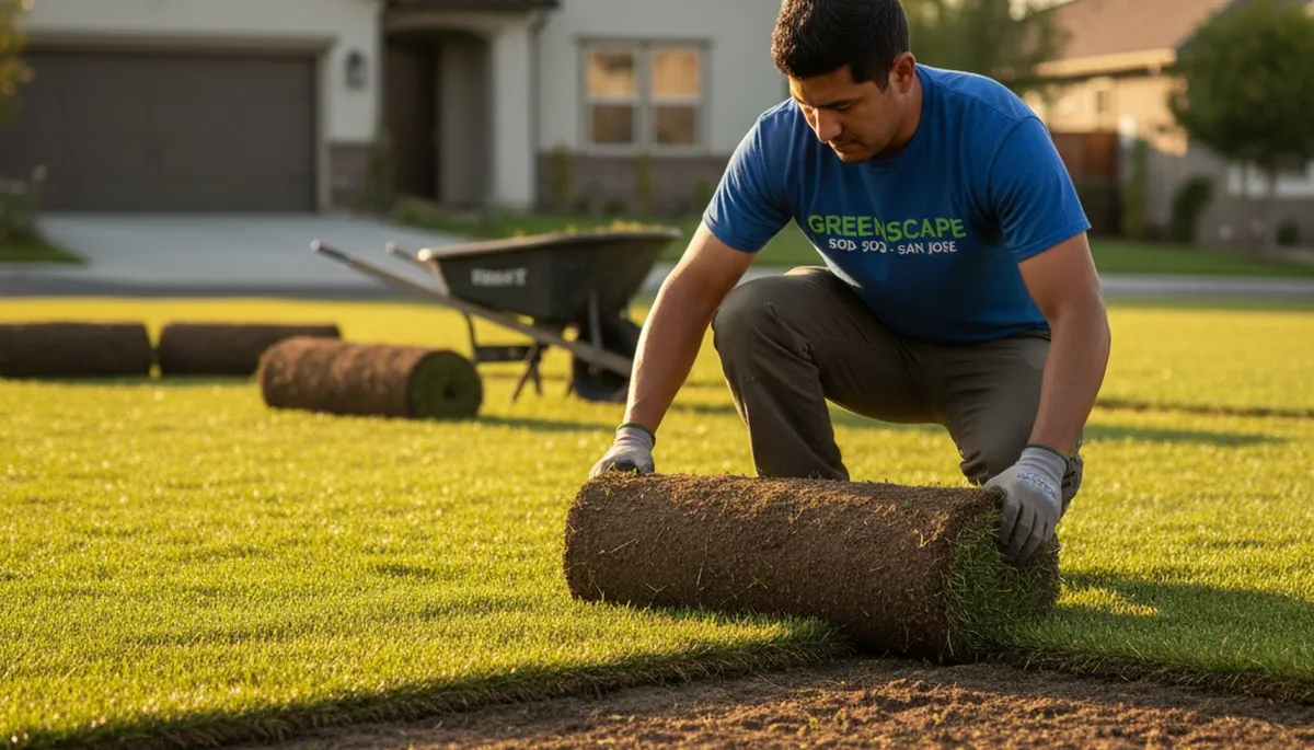 Professional landscaper installing sod rolls with precision in San Jose, CA for lush, even lawn results