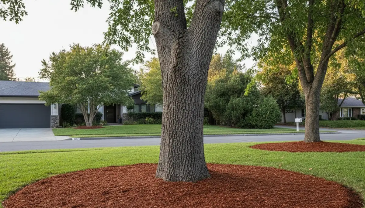 Professional circular tree ring mulching around tree base by landscapers in San Jose, CA