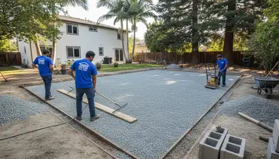 Shed foundation base preparation with gravel pad and drainage by landscaping experts in San Jose, CA