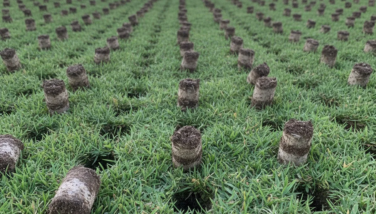 Close-up of lawn aeration soil cores on grass, showing precise plug pattern in San Jose, CA