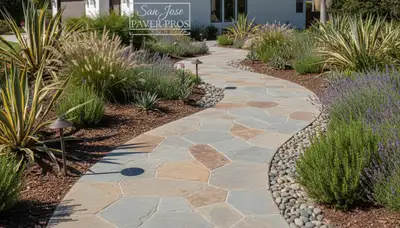 Curved stone paver pathway installation by professional landscapers in San Jose, CA