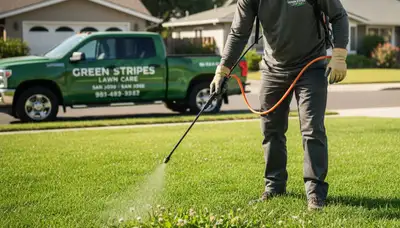 Lawn care pro applying targeted weed control on residential turf in San Jose, CA